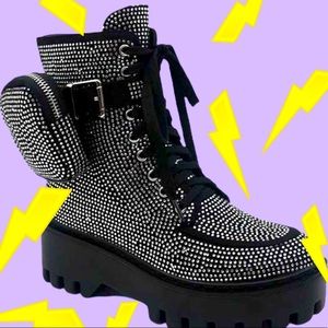 2 Left! Bamboo Black Rhinestone Embellished Ultra Platform Combat Boot